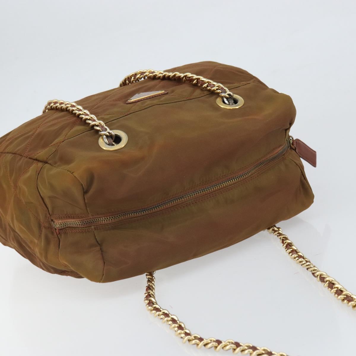 PRADA Chain Shoulder Bag Nylon Brown Gold Auth bs33044