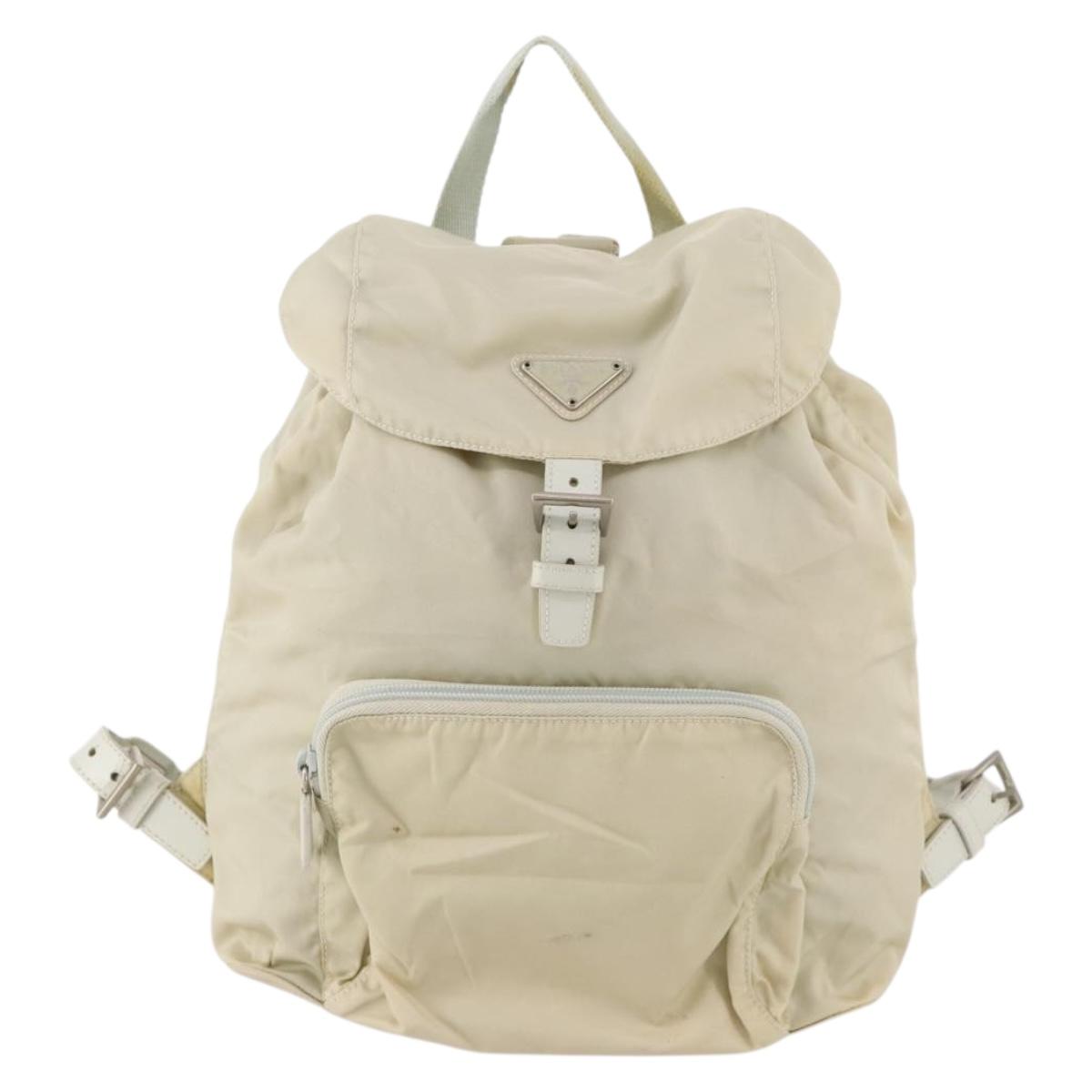 PRADA Backpack Nylon Beige Silver Auth bs33075