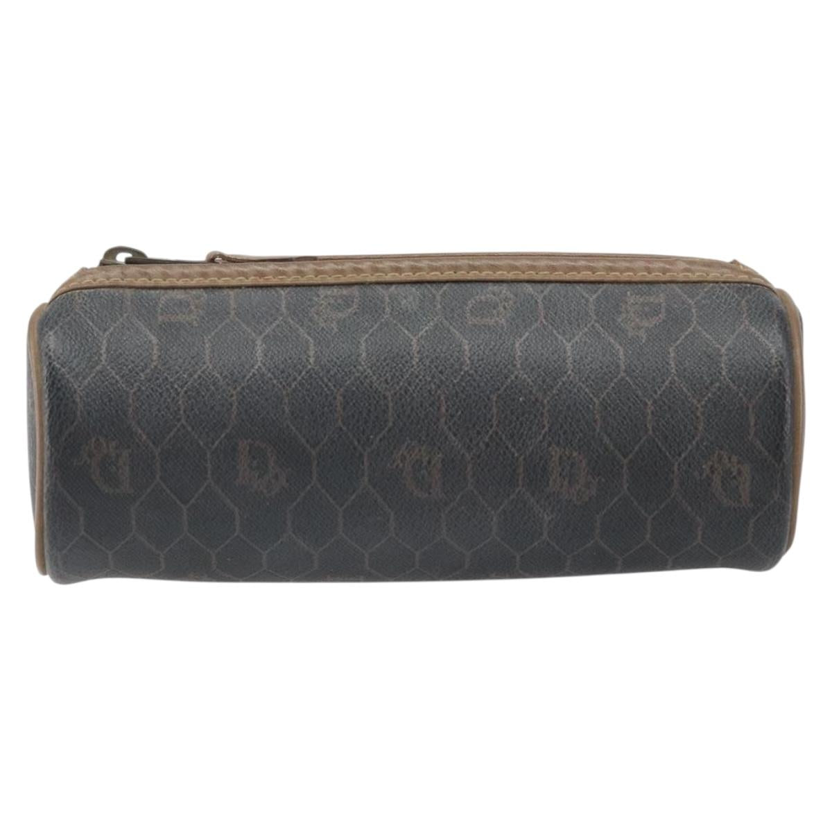 Christian Dior Honeycomb Canvas Pouch PVC Leather Black Auth bs33076
