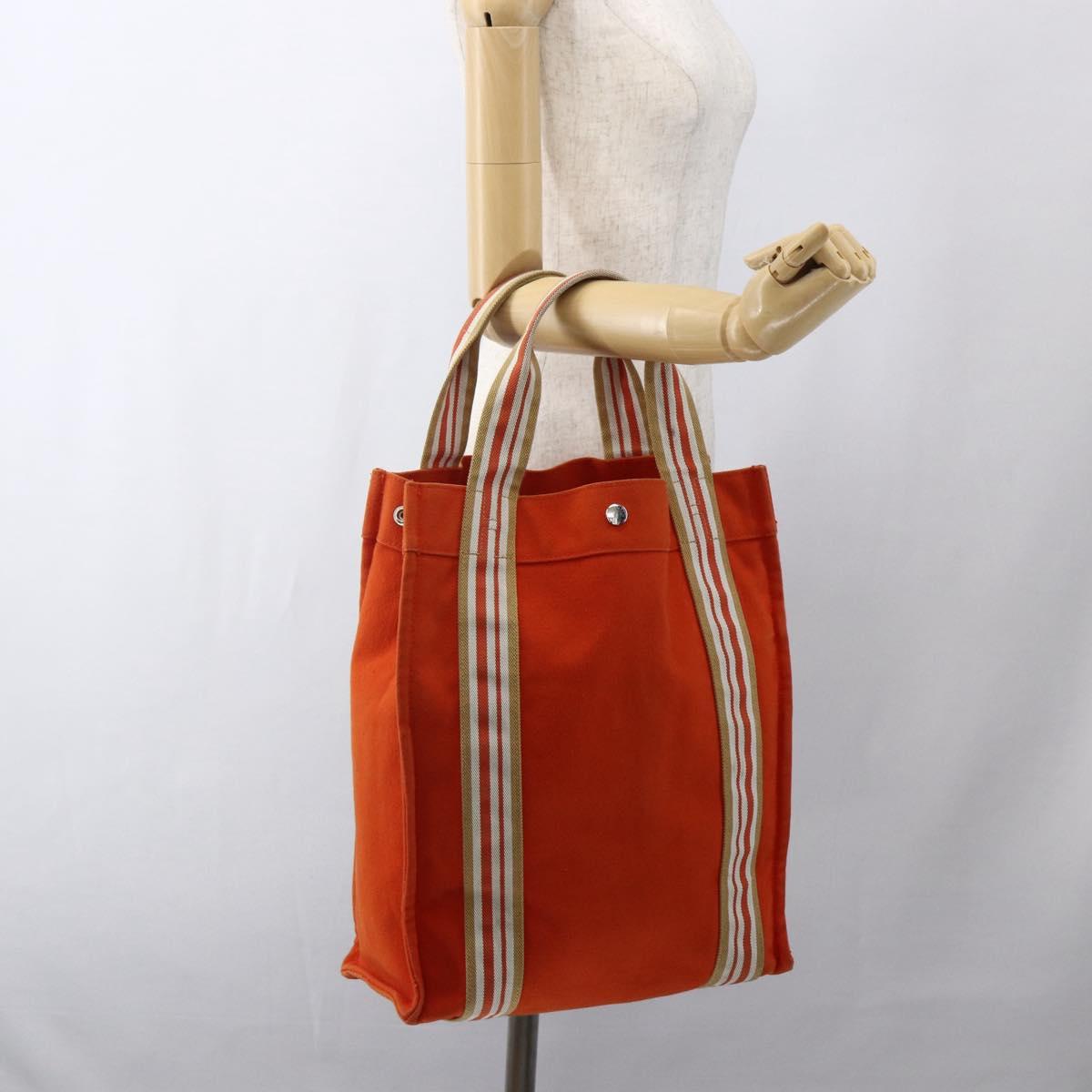 HERMES Sac De Plage Tote Bag Canvas Orange Silver Auth bs33086