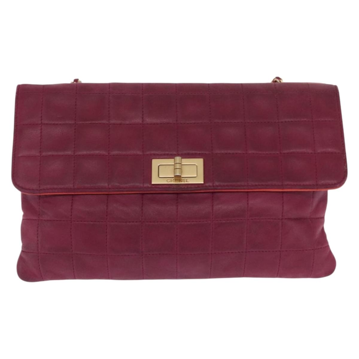 CHANEL Choco Bar Hand Bag Lamb Skin Orange Gold CC Auth bs33102
