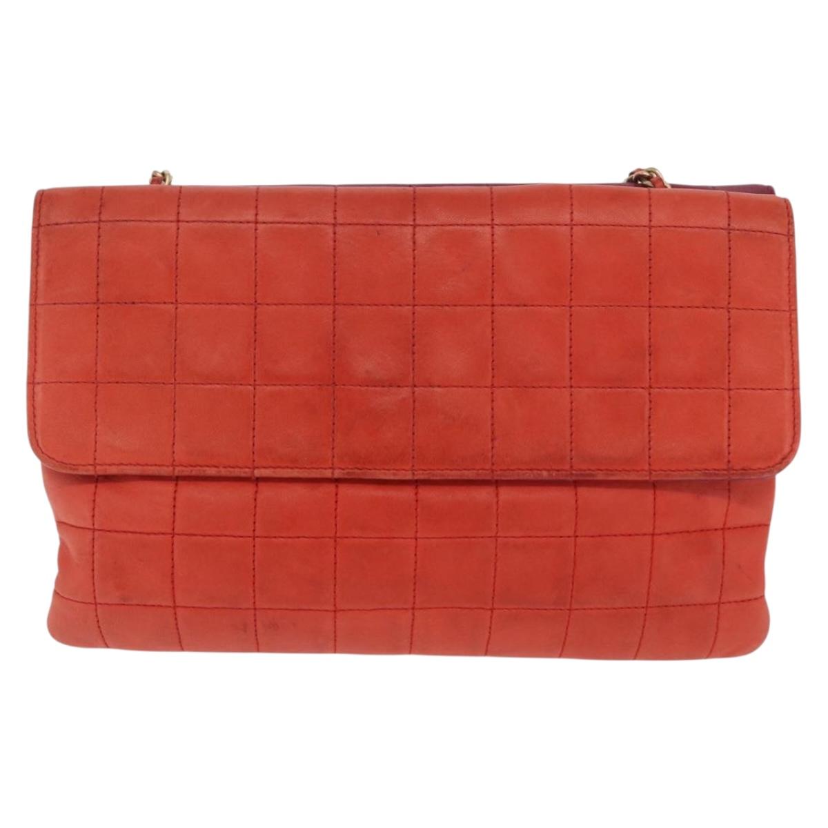 CHANEL Choco Bar Hand Bag Lamb Skin Orange Gold CC Auth bs33102