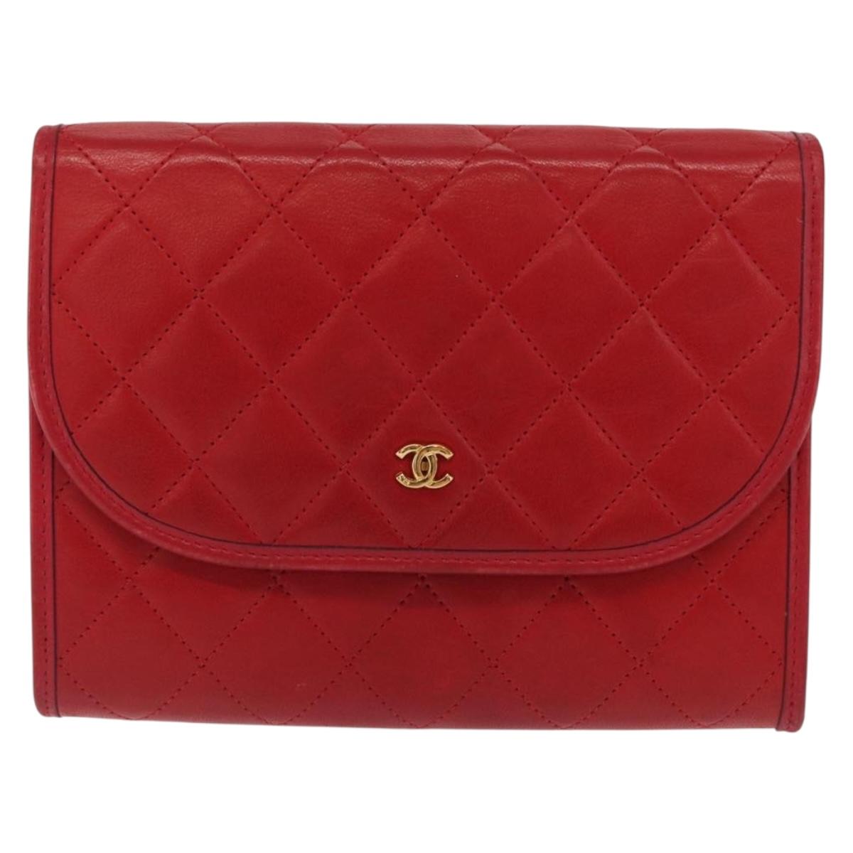CHANEL Matelasse Chain Shoulder Bag Lamb Skin Red Gold CC Auth bs33112