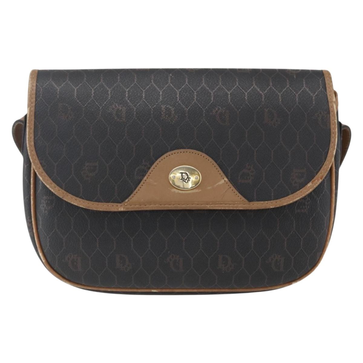 Christian Dior Honeycomb Canvas Shoulder Bag PVC Black Gold Auth bs33115