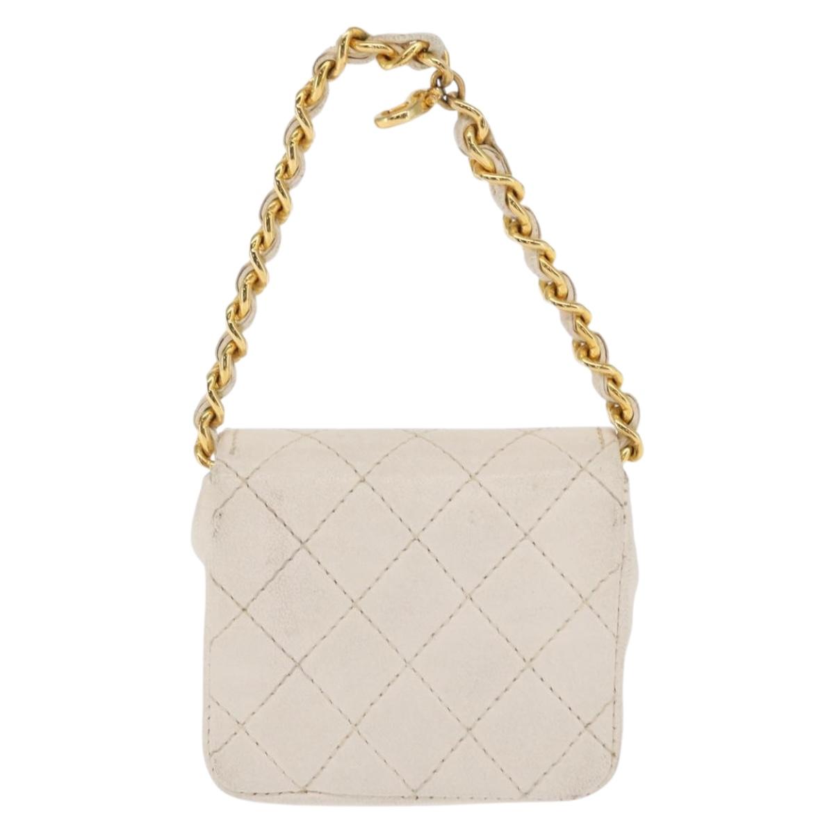 CHANEL Matelasse Key Holder Lamb Skin White Gold CC Auth bs33121