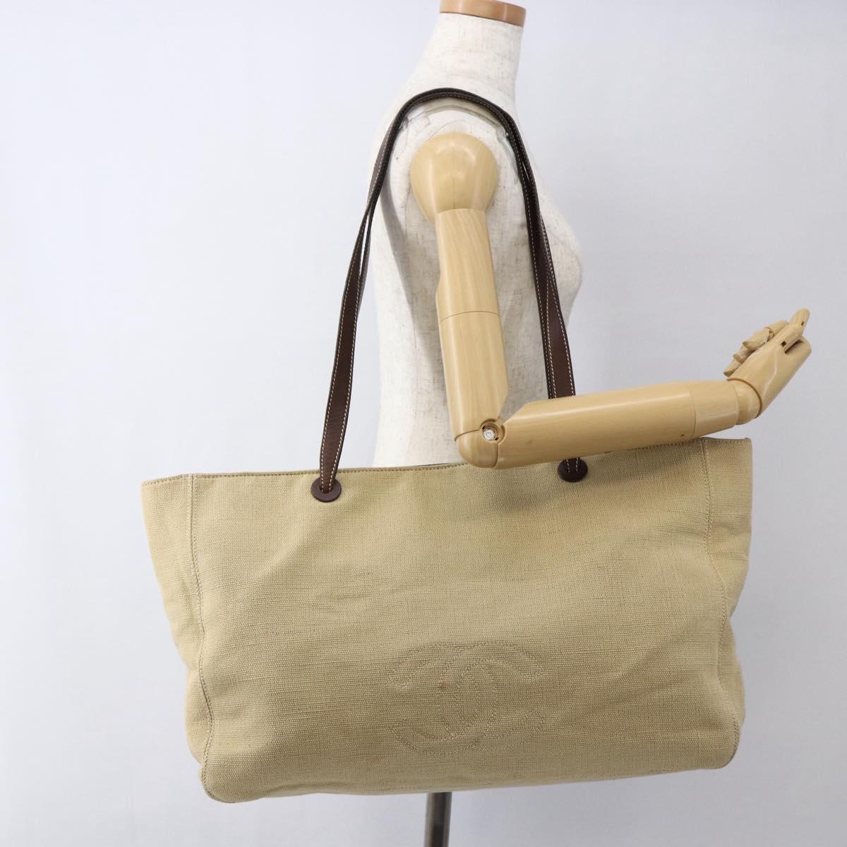 CHANEL Tote Bag Canvas Beige Gold CC Auth bs33123