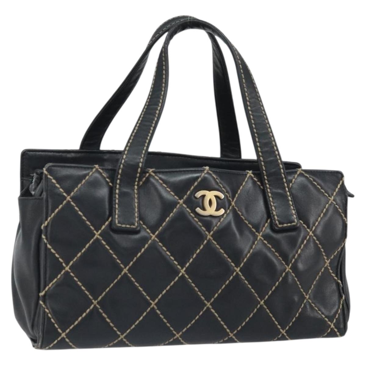 CHANEL Hand Bag Leather Black Gold CC Auth bs33126
