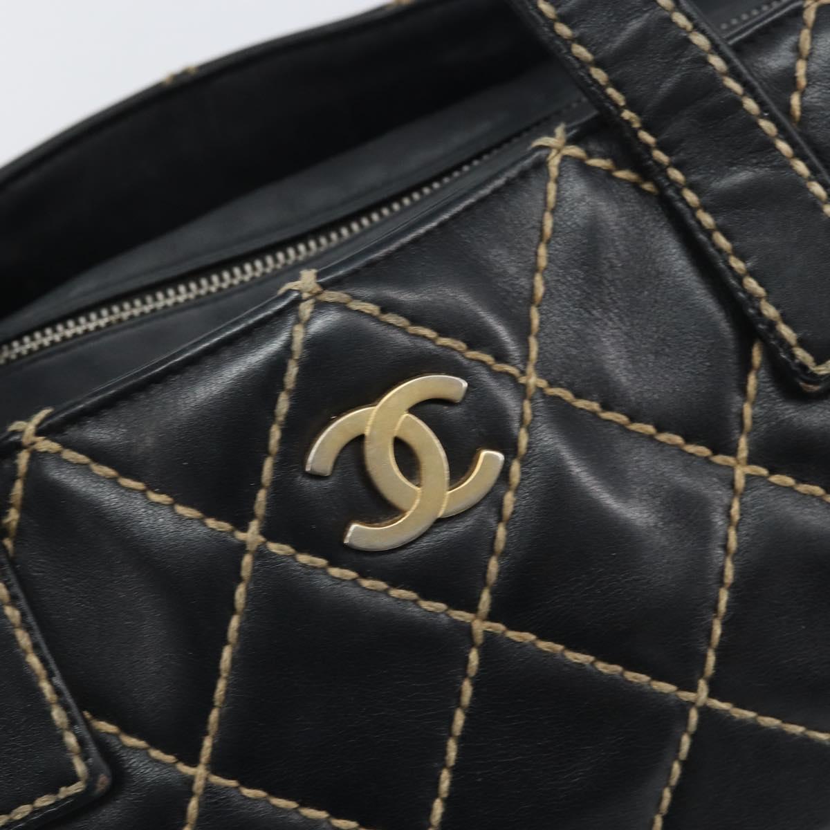 CHANEL Hand Bag Leather Black Gold CC Auth bs33126