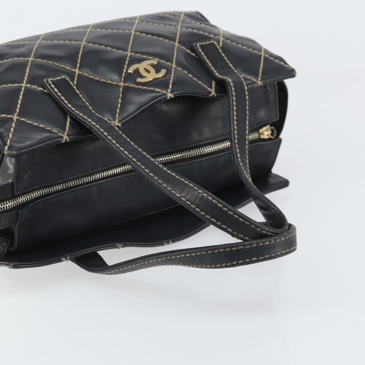 CHANEL Hand Bag Leather Black Gold CC Auth bs33126