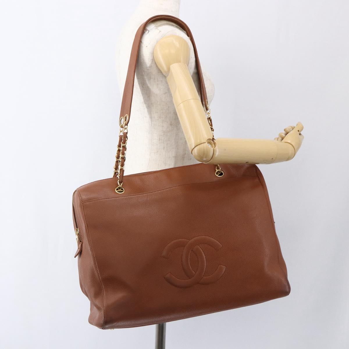 CHANEL Tote Bag Caviar Skin Brown Gold CC Auth bs33137