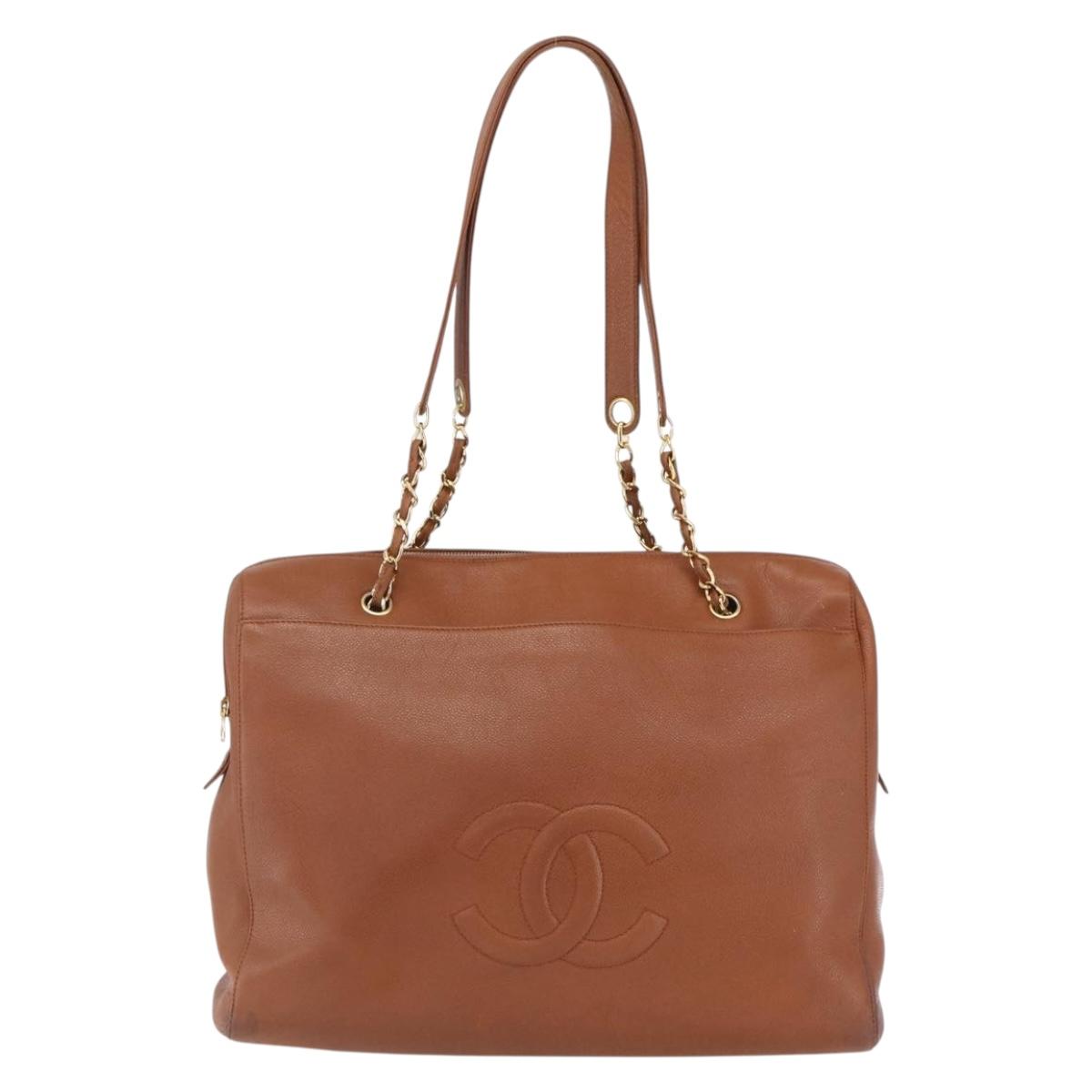 CHANEL Tote Bag Caviar Skin Brown Gold CC Auth bs33137