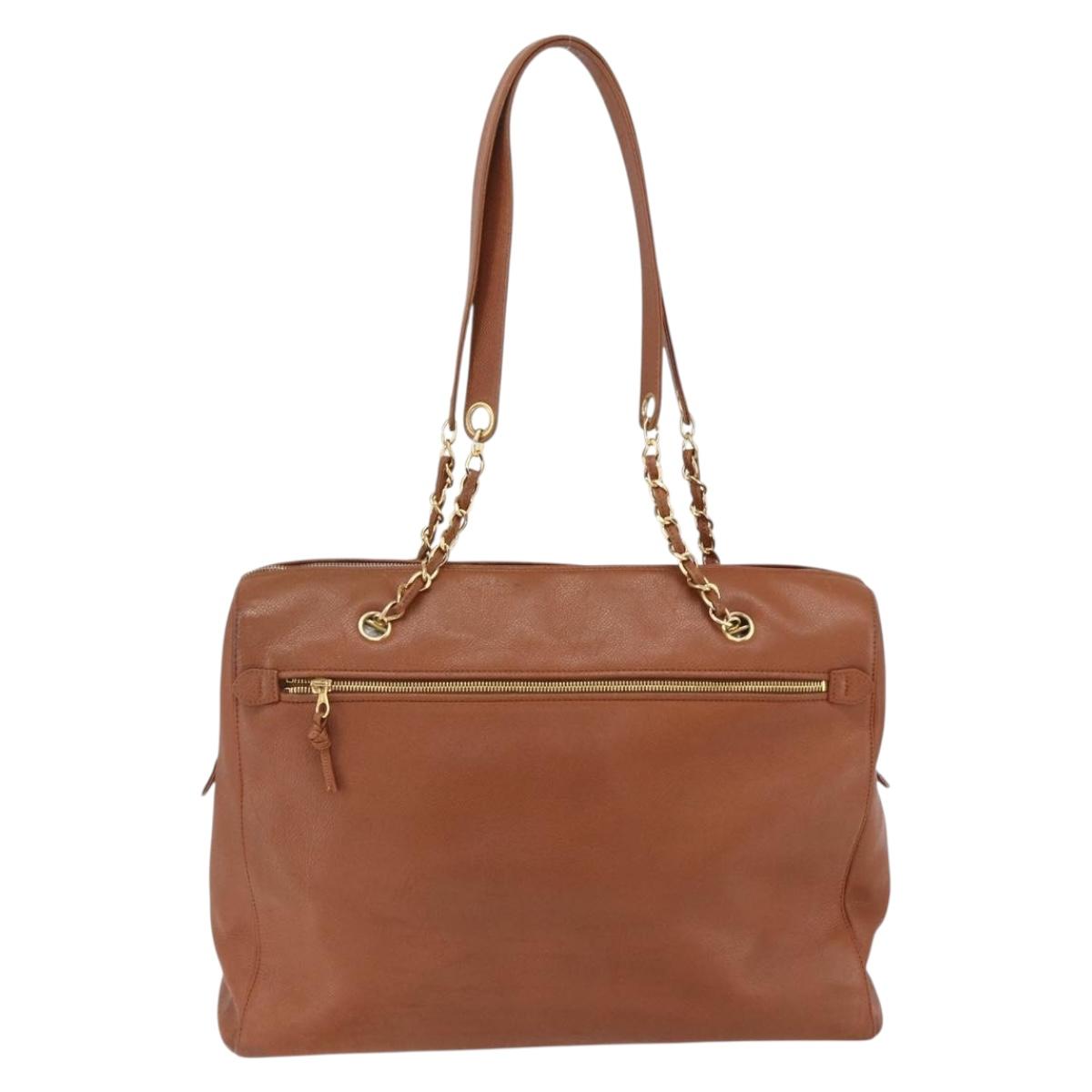 CHANEL Tote Bag Caviar Skin Brown Gold CC Auth bs33137
