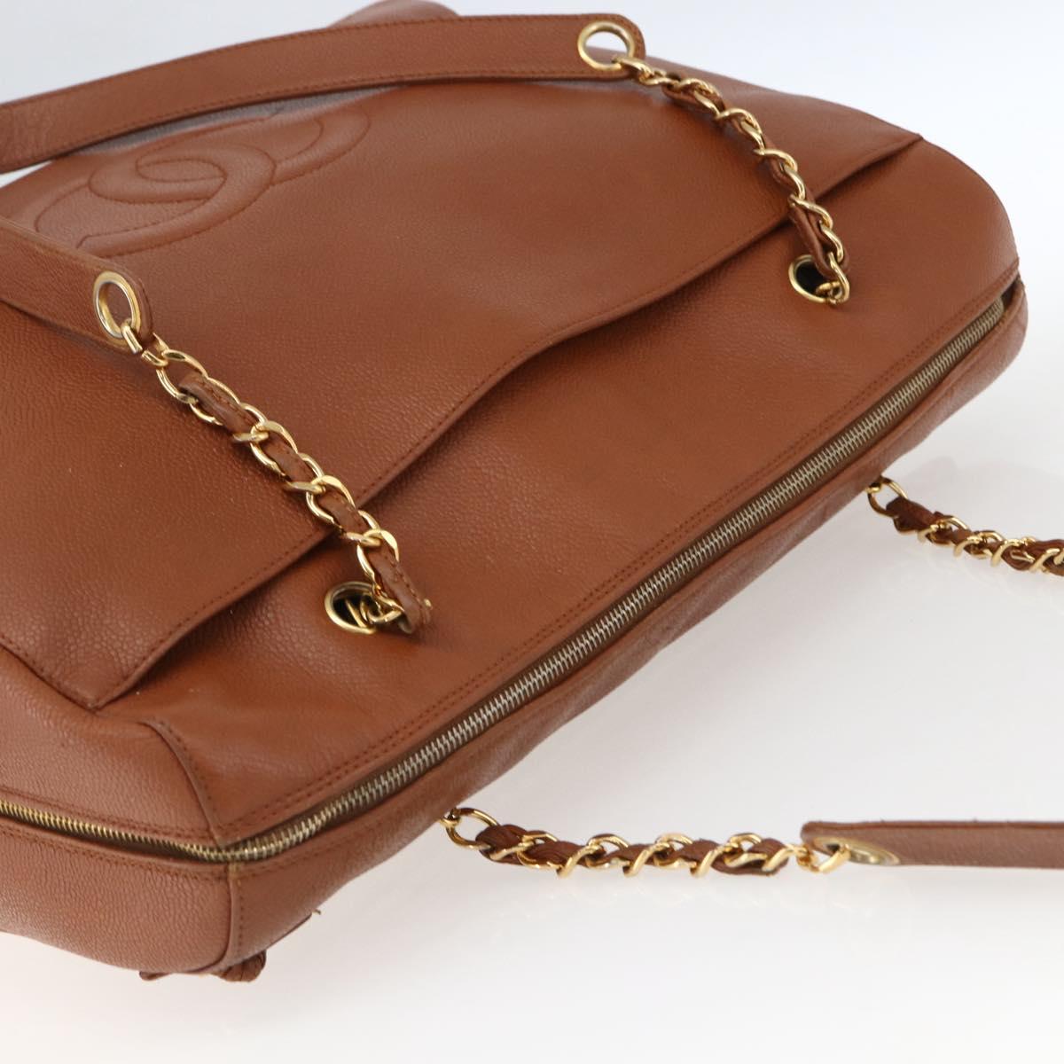 CHANEL Tote Bag Caviar Skin Brown Gold CC Auth bs33137