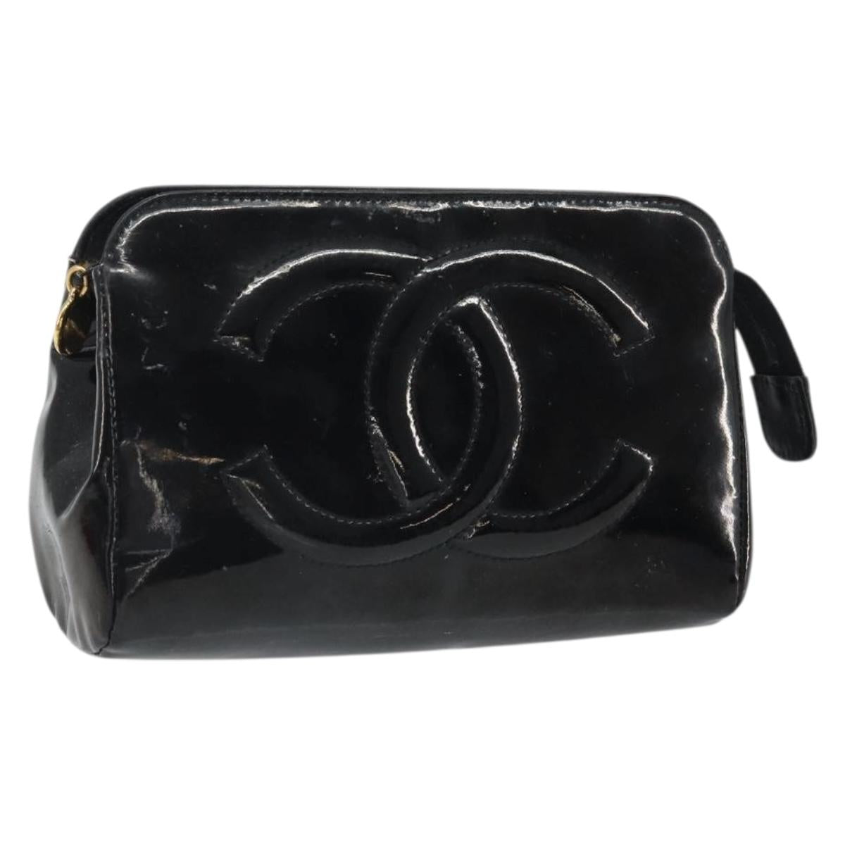 CHANEL Pouch Patent leather Black Gold CC Auth bs33138