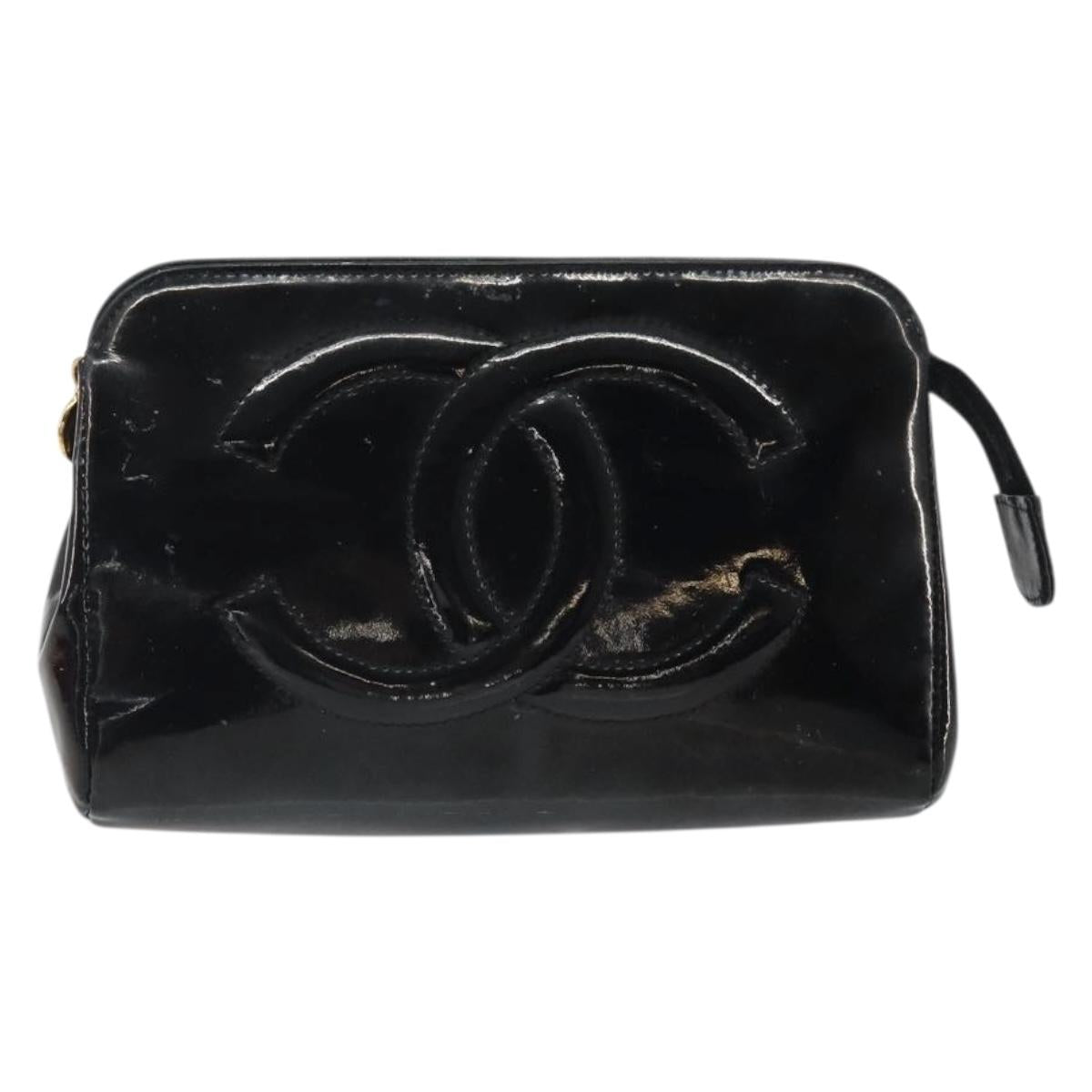 CHANEL Pouch Patent leather Black Gold CC Auth bs33138