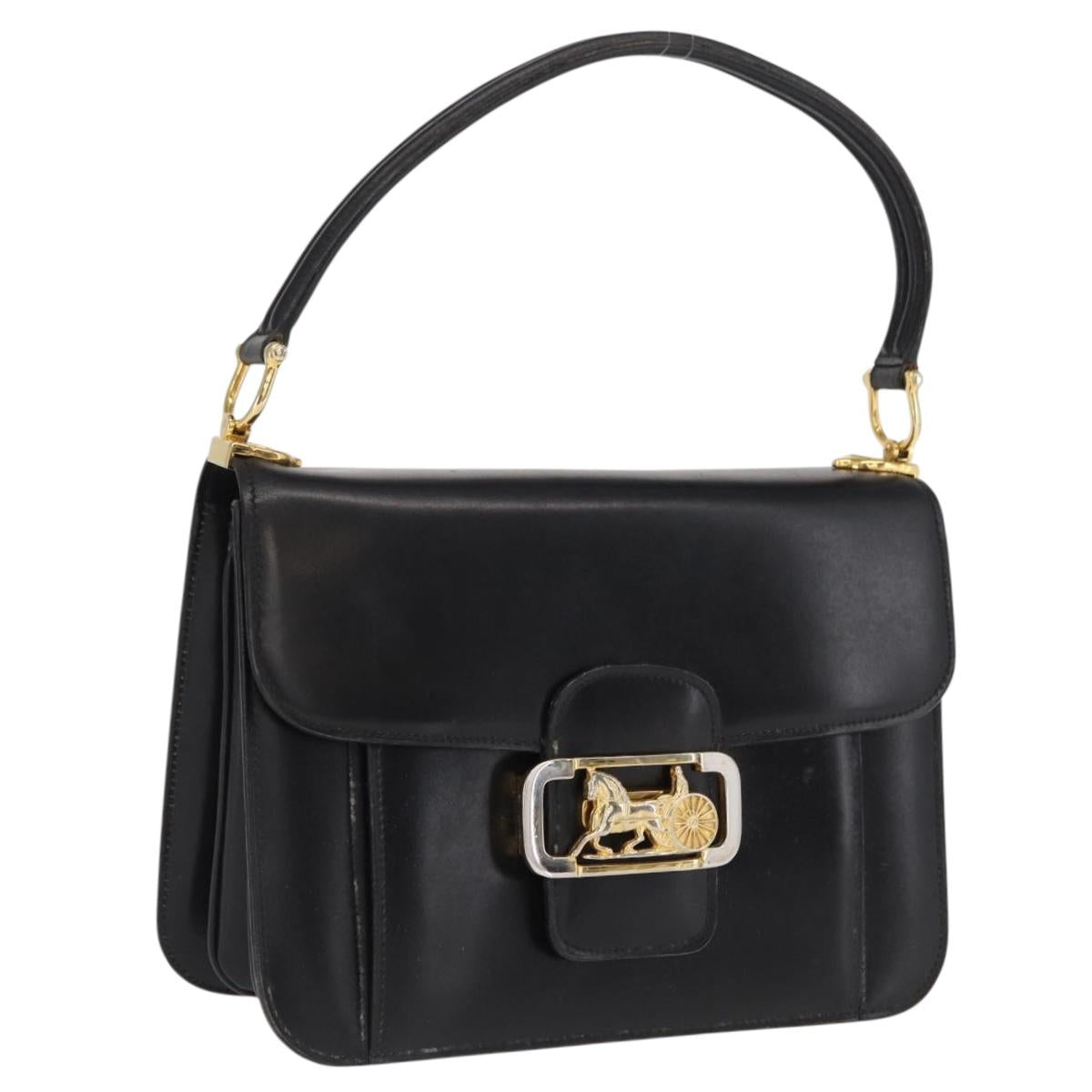CELINE Horse Carriage Shoulder Bag Leather Black Gold Auth bs33159