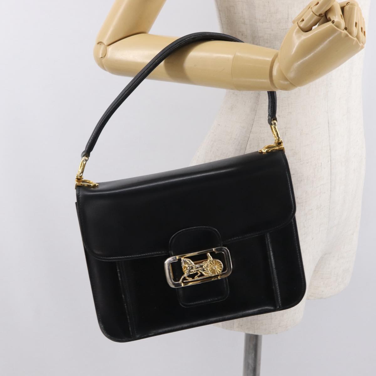 CELINE Horse Carriage Shoulder Bag Leather Black Gold Auth bs33159