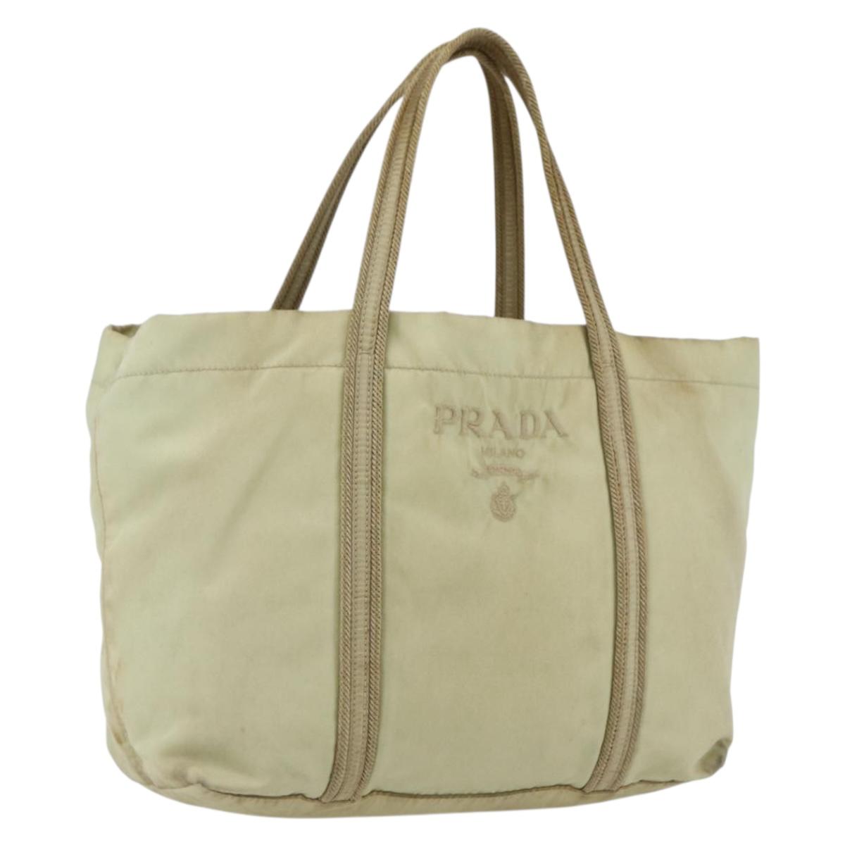 PRADA Hand Bag Nylon Cream Silver Auth bs33166