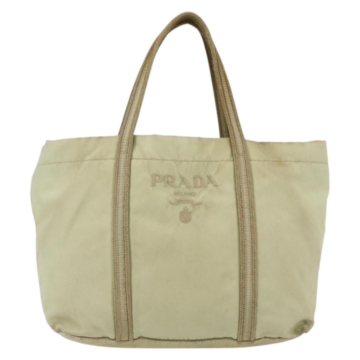 PRADA Hand Bag Nylon Cream Silver Auth bs33166