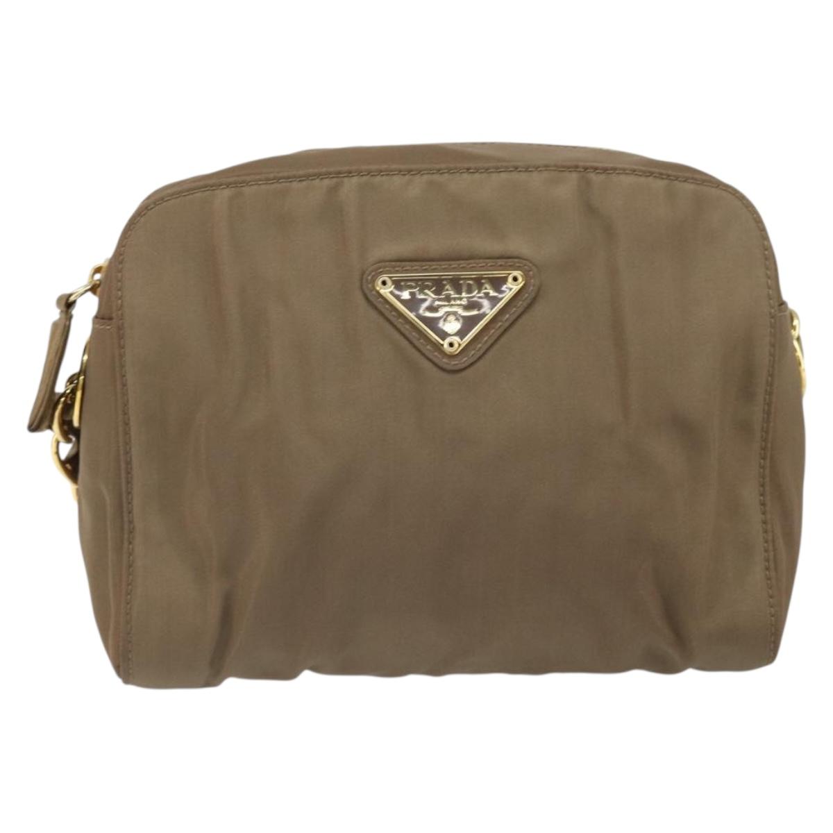 PRADA Chain Shoulder Bag Nylon Brown Gold Auth bs33167