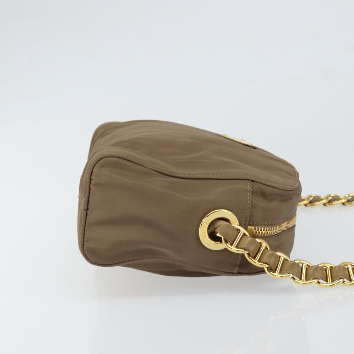 PRADA Chain Shoulder Bag Nylon Brown Gold Auth bs33167
