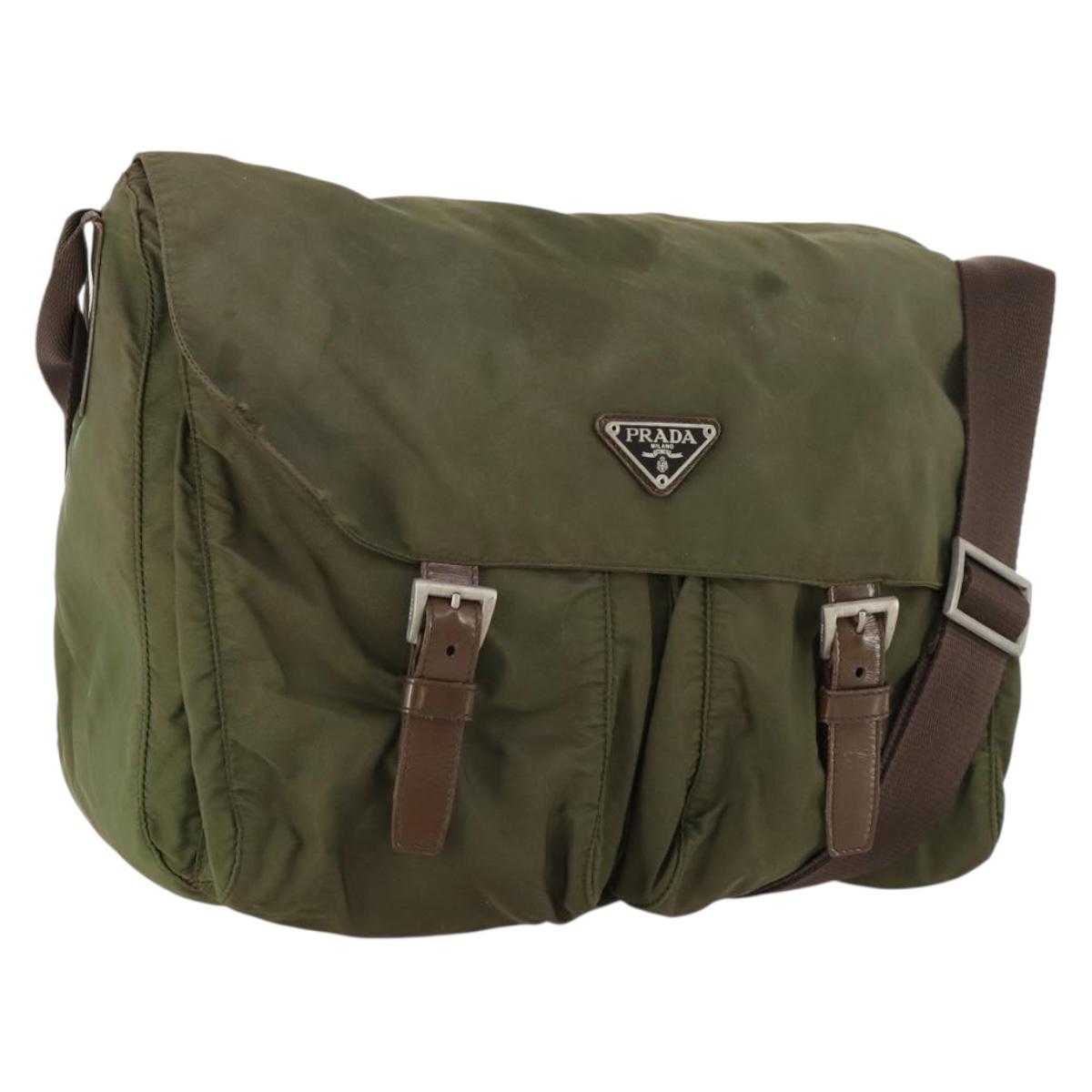 PRADA Shoulder Bag Nylon Khaki Silver Auth bs33170