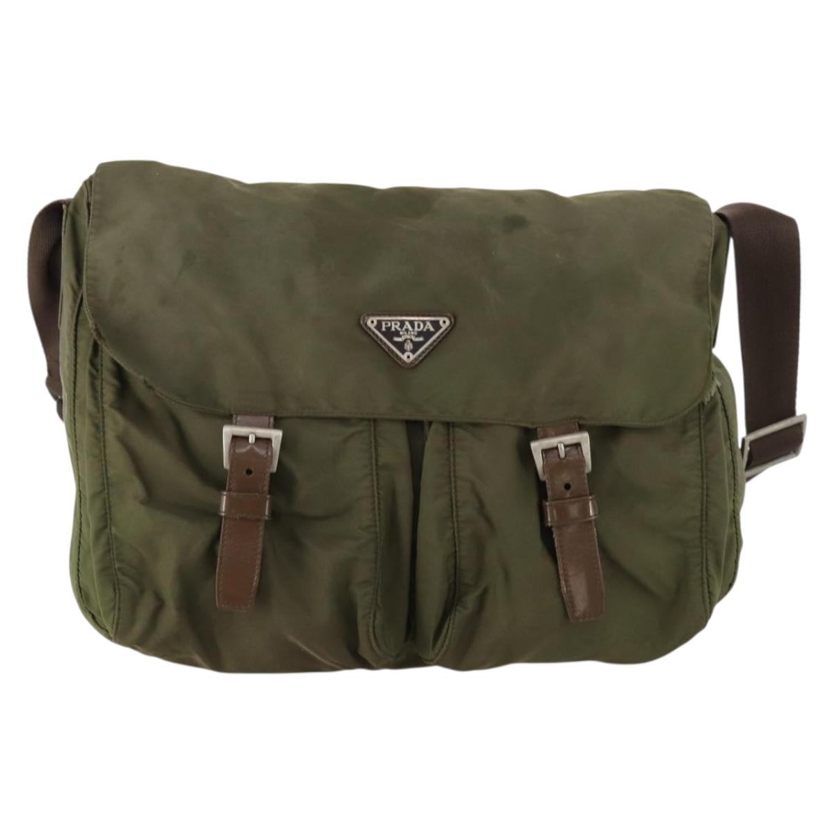 PRADA Shoulder Bag Nylon Khaki Silver Auth bs33170