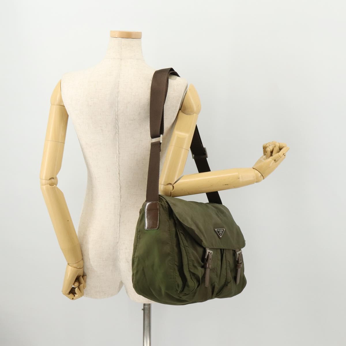 PRADA Shoulder Bag Nylon Khaki Silver Auth bs33170