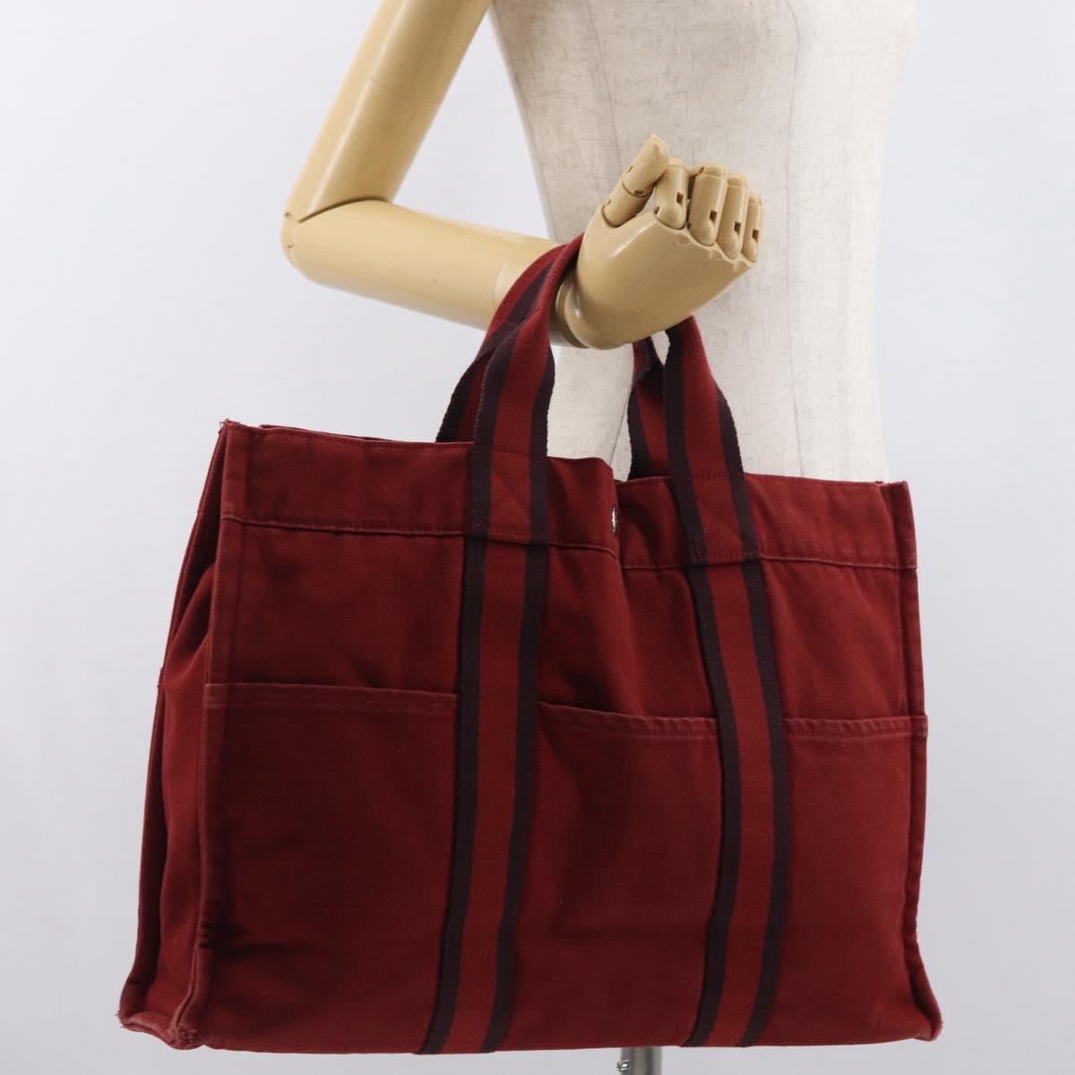 HERMES Deauville Hand Bag Canvas Red Silver Auth bs33188