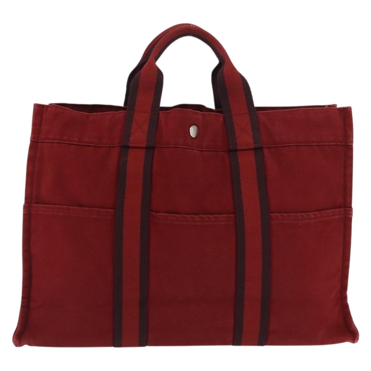 HERMES Deauville Hand Bag Canvas Red Silver Auth bs33188