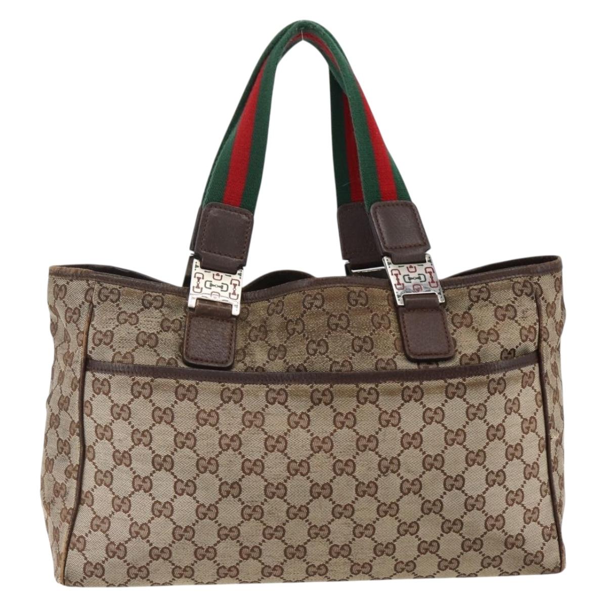 GUCCI GG Canvas Web Sherry Line Tote Bag Beige Silver Red 145758 Auth bs33193