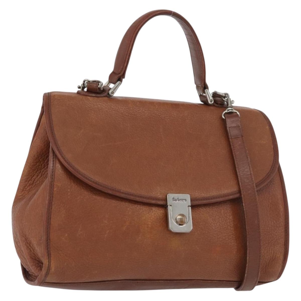 Burberrys Nova Check Hand Bag Leather 2way Brown Gold Auth bs33202