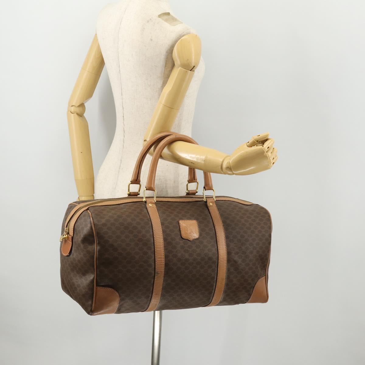 CELINE Macadam Canvas Boston Bag PVC Leather Brown Gold Auth bs33203