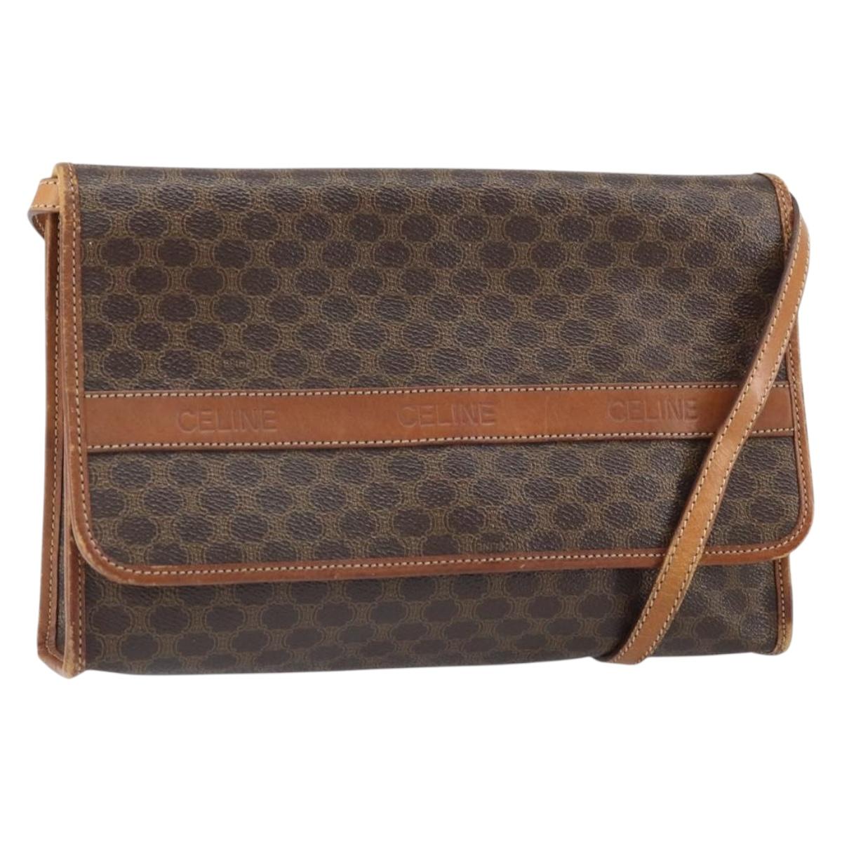 CELINE Macadam Canvas Shoulder Bag PVC Leather Brown Gold Auth bs33208