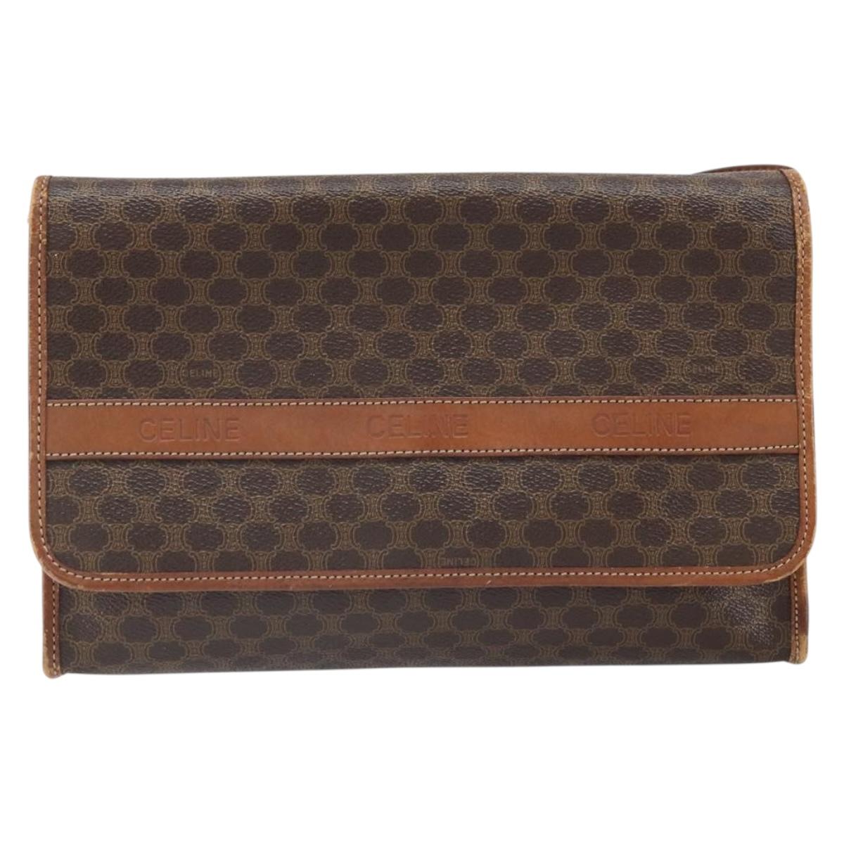 CELINE Macadam Canvas Shoulder Bag PVC Leather Brown Gold Auth bs33208