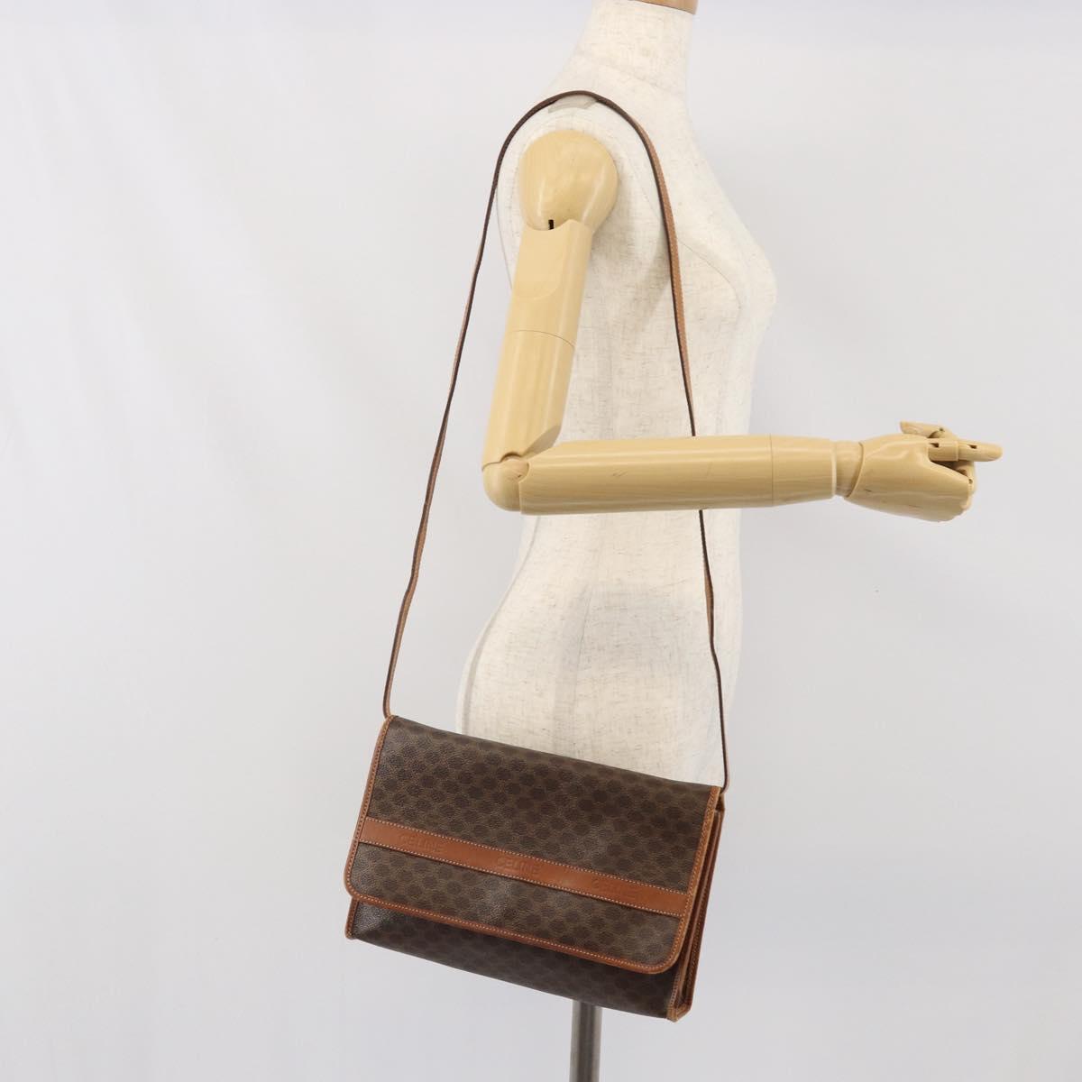 CELINE Macadam Canvas Shoulder Bag PVC Leather Brown Gold Auth bs33208