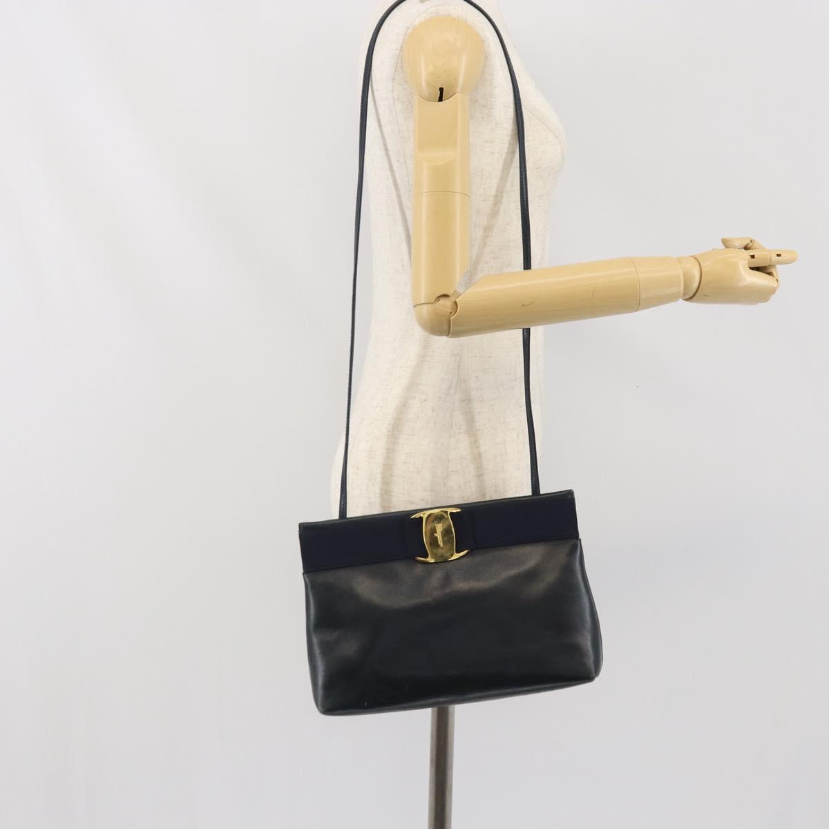 Salvatore Ferragamo Shoulder Bag Leather Navy Gold Auth bs33229