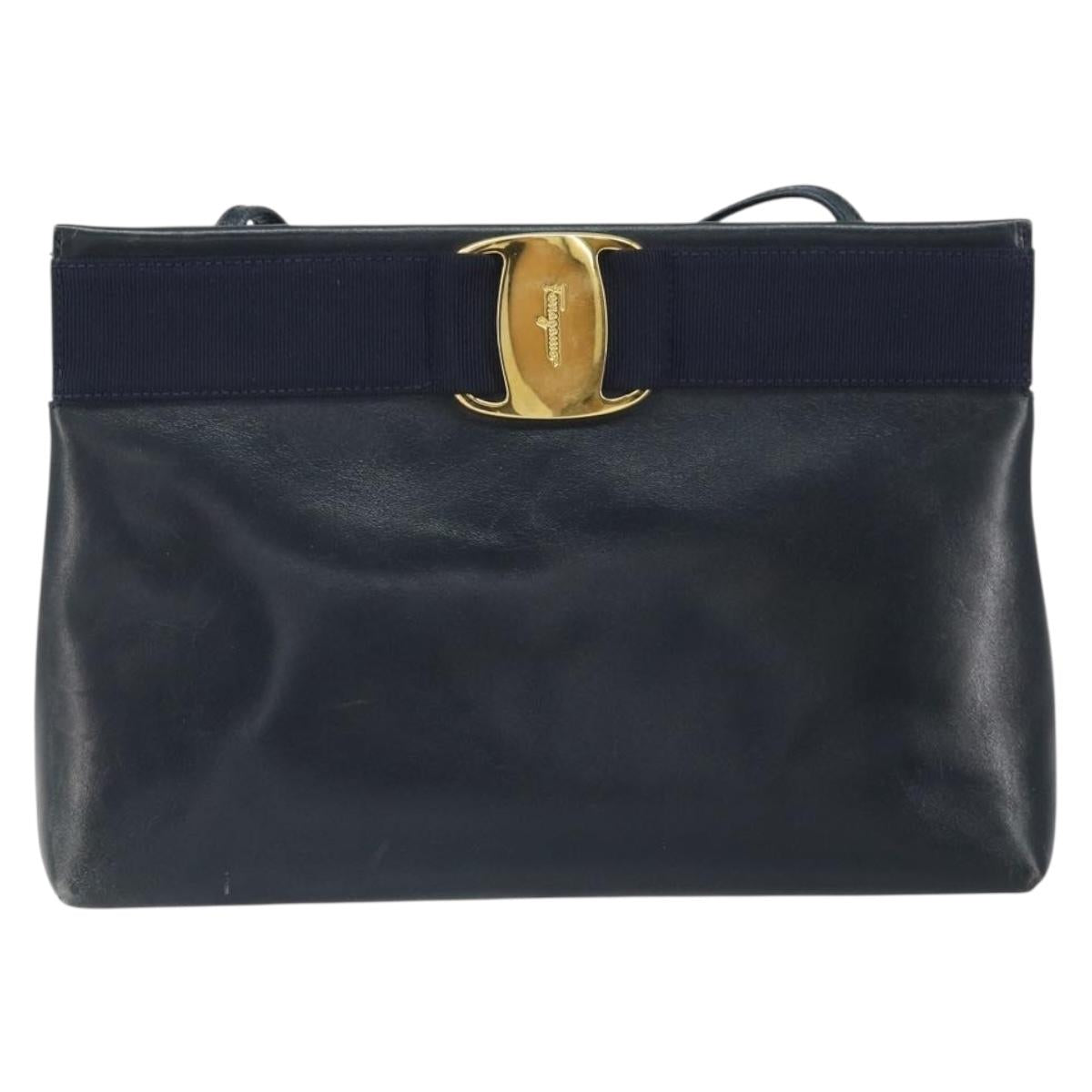 Salvatore Ferragamo Shoulder Bag Leather Navy Gold Auth bs33229