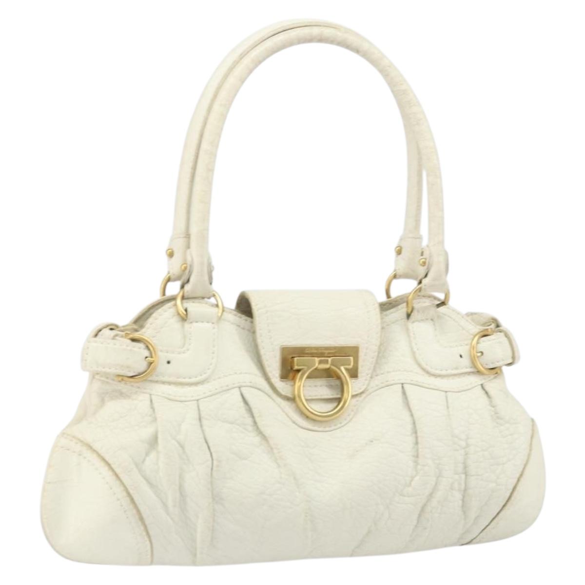 Salvatore Ferragamo Hand Bag Leather White Gold Auth bs33230