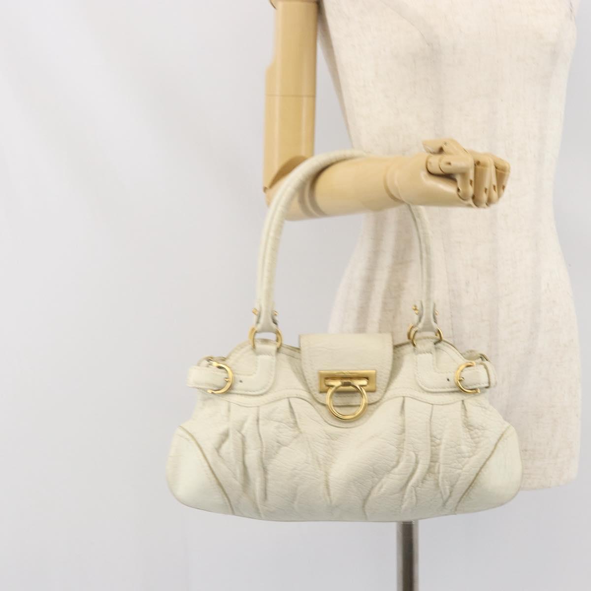 Salvatore Ferragamo Hand Bag Leather White Gold Auth bs33230