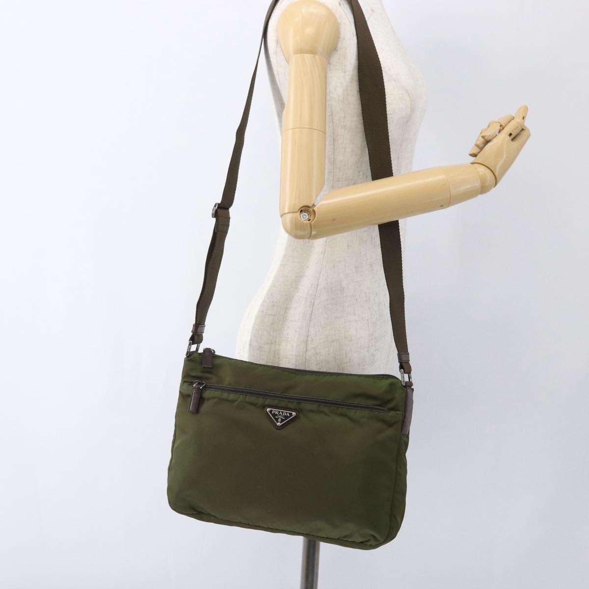 PRADA Shoulder Bag Nylon Khaki Silver Auth bs33243
