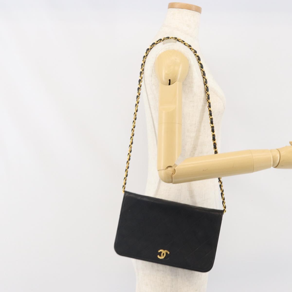 CHANEL Matelasse Chain Shoulder Bag Lamb Skin Black Gold CC Auth bs33250