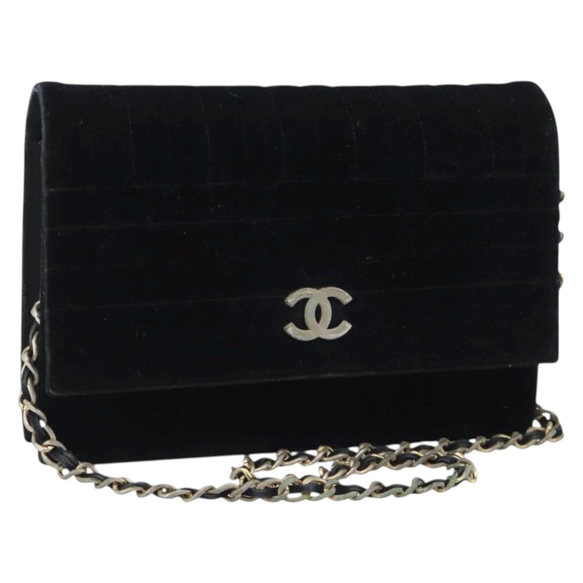 CHANEL Mademoiselle Chain Shoulder Bag Velor Black Gold CC Auth bs33251