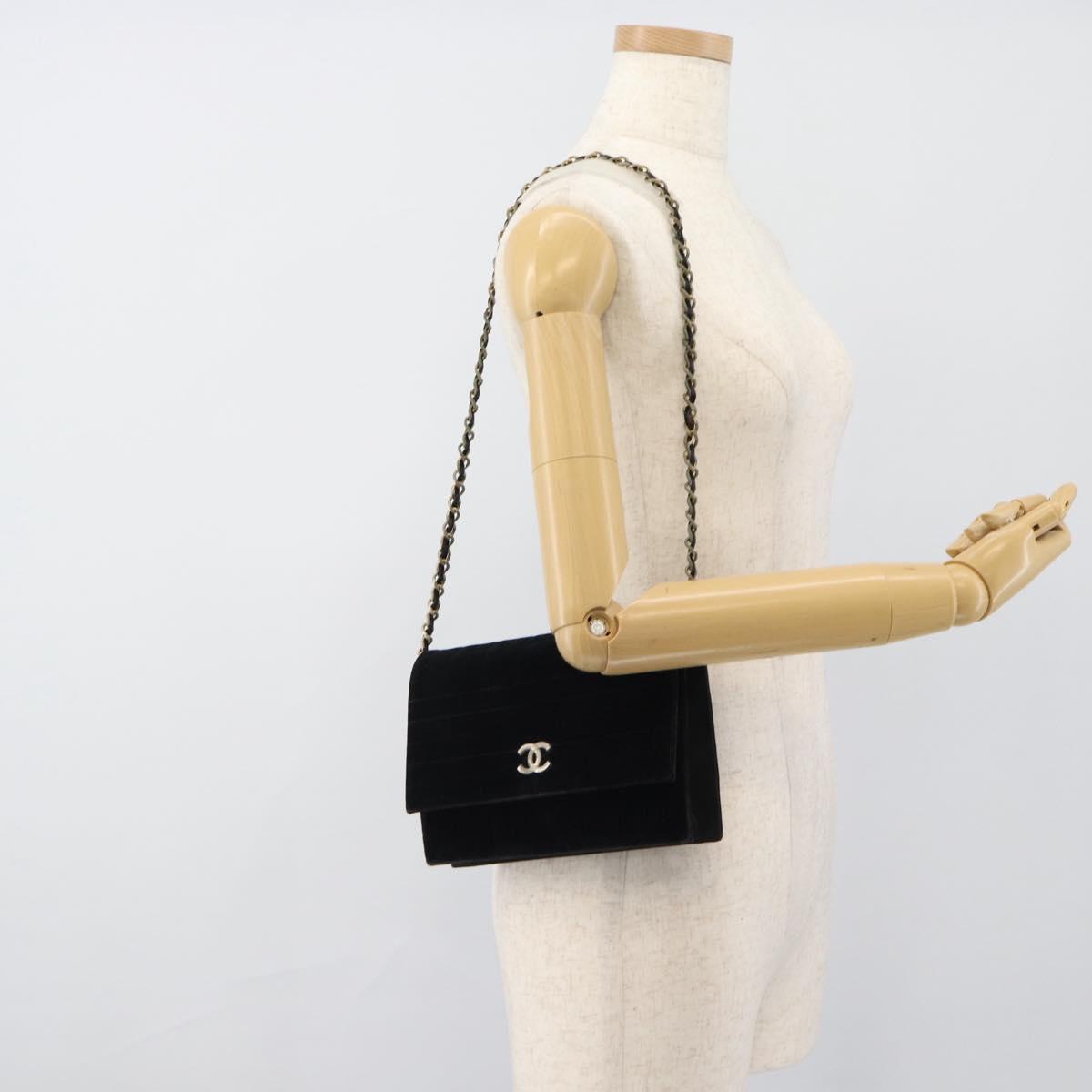 CHANEL Mademoiselle Chain Shoulder Bag Velor Black Gold CC Auth bs33251