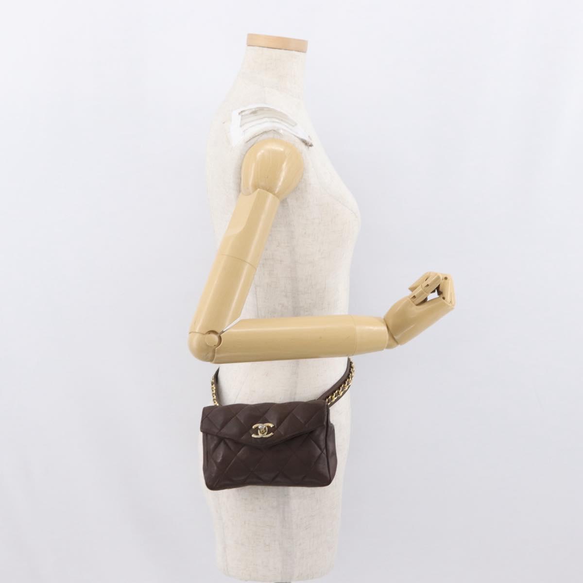 CHANEL Matelasse Waist bag Lamb Skin Brown Gold CC Auth bs33252