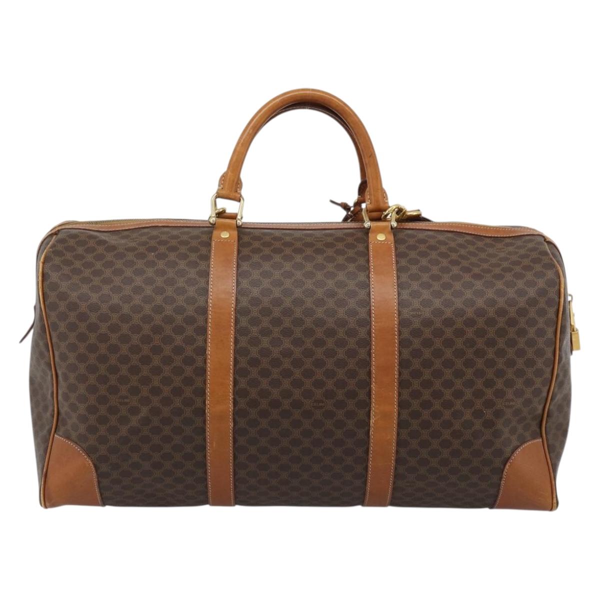CELINE Macadam Canvas Boston Bag PVC Leather Brown Gold Auth bs33306