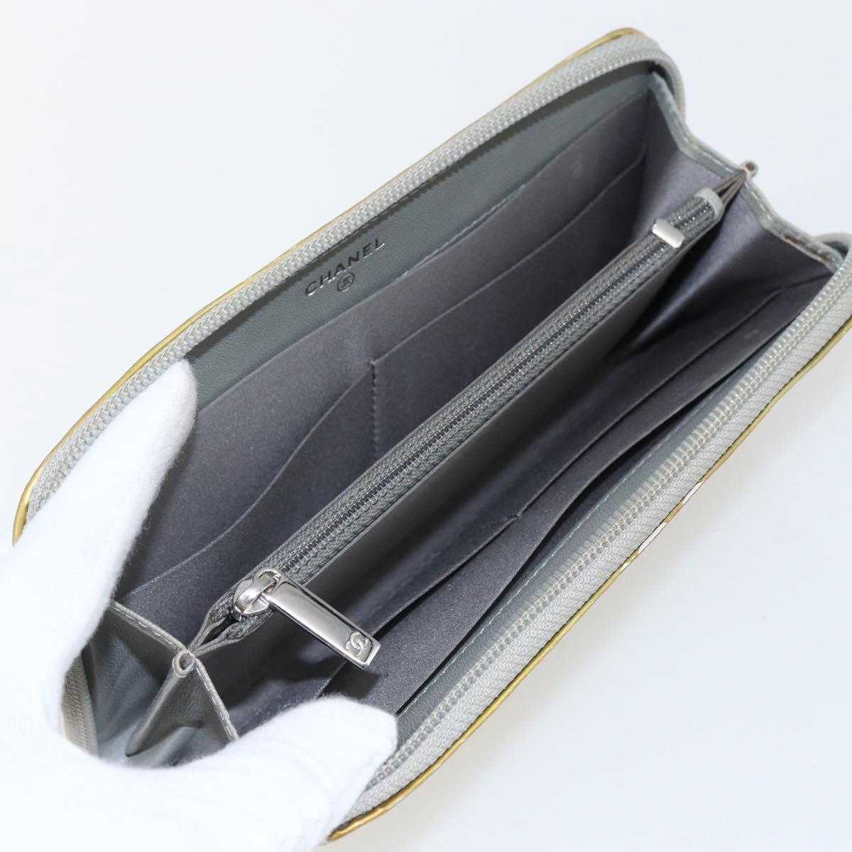 CHANEL Icon line Long Wallet Patent leather Silver CC Auth bs33317