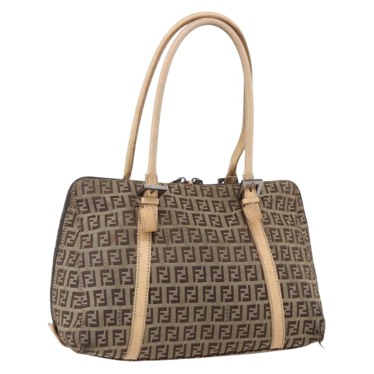 FENDI Zucchino Canvas Hand Bag Beige Silver Auth bs33319