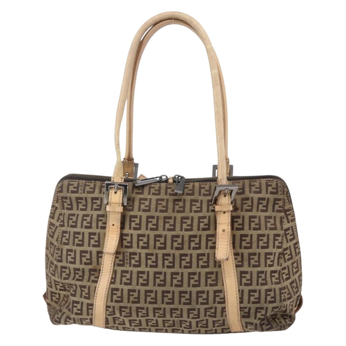FENDI Zucchino Canvas Hand Bag Beige Silver Auth bs33319