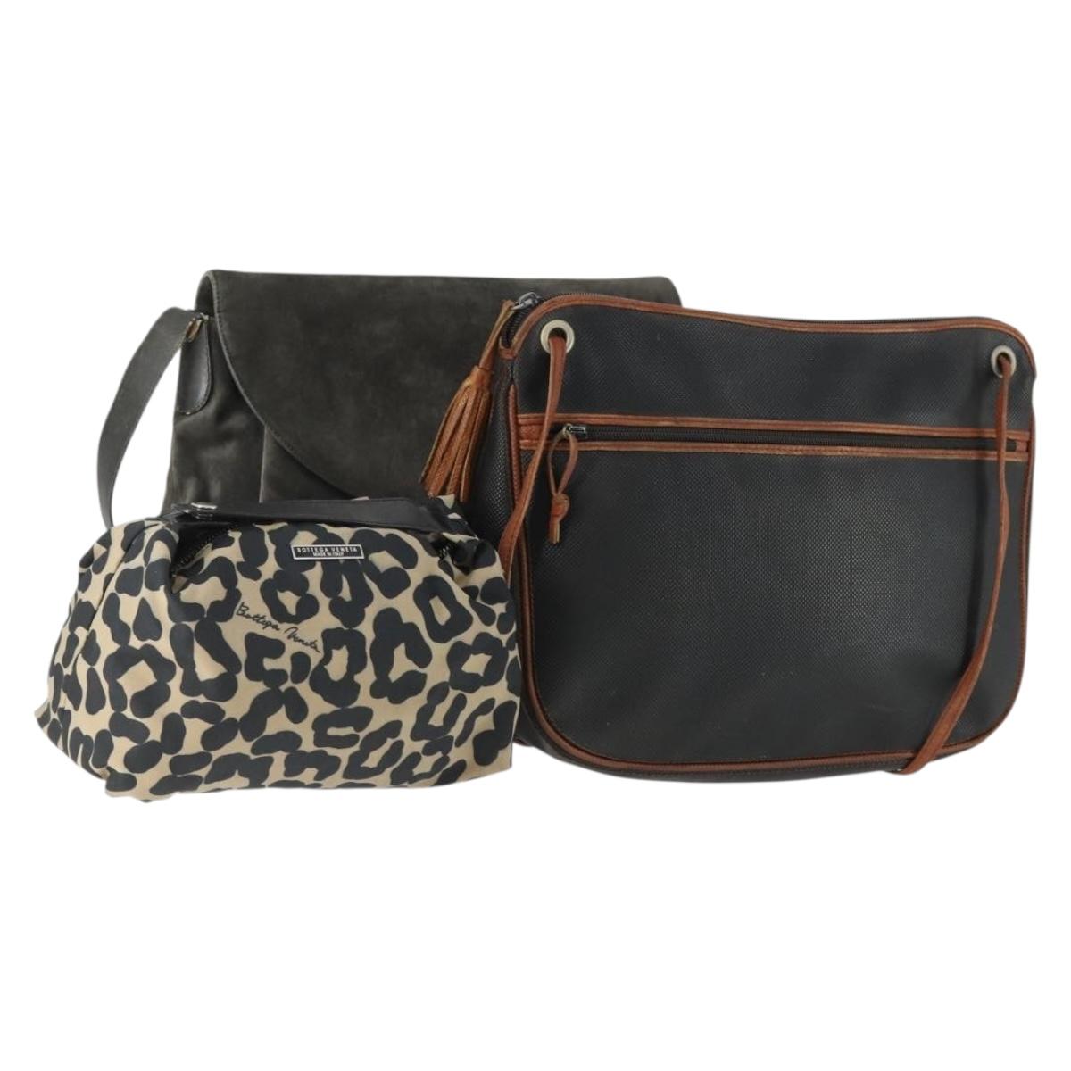 BOTTEGA VENETA Hand Bag Canvas PVC Suede 3 Set Beige Black Auth bs33367
